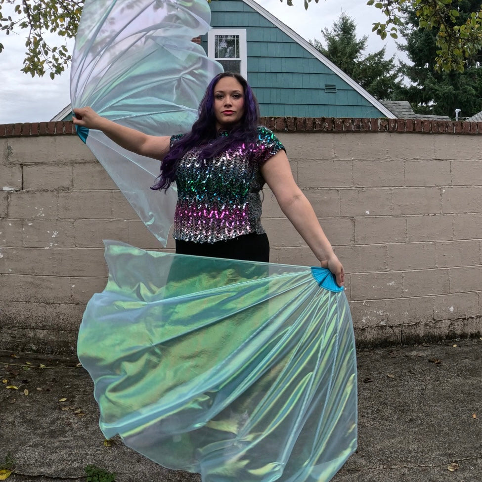 Baby Blue Iridescent Lamé Fishbone Fans
