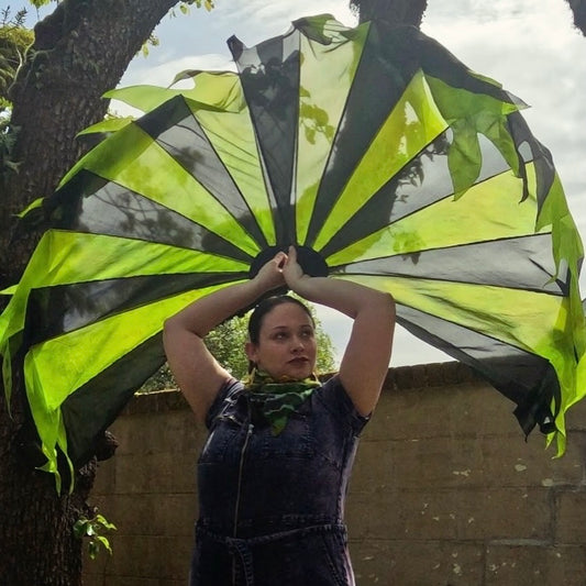 Large Black and UV Green Silk Fishbone Fans