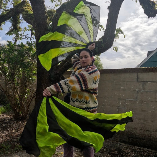 Black and UV Green Silk Fishbone Fans